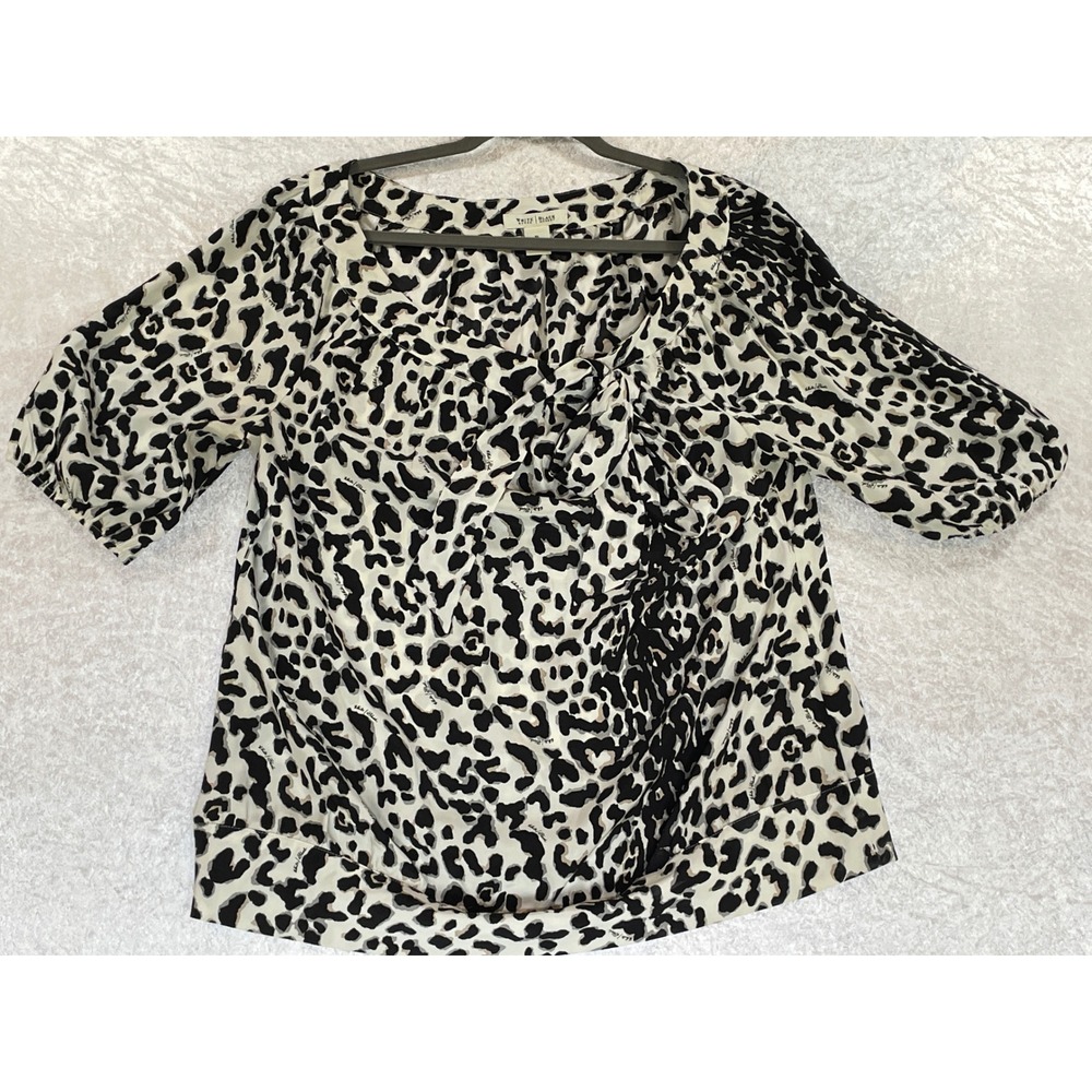 White House Black Market Silk Blouse Women XL Leopard Tie Neck Puff Sleeve Black